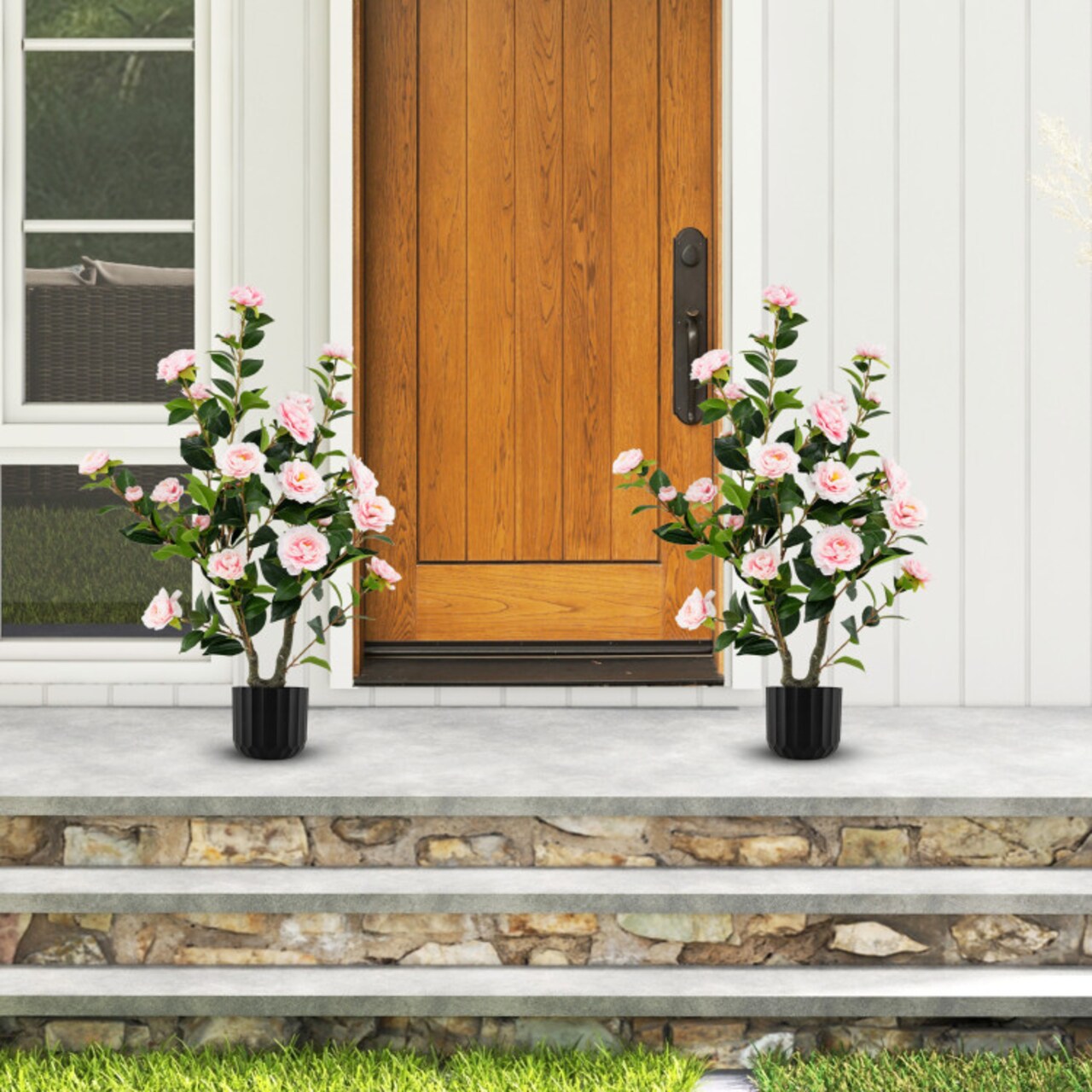 38" Set of 2 Pink Artificial Camellia Tree with 24 Silk Flowers and 186 Leaves in Cement Pot